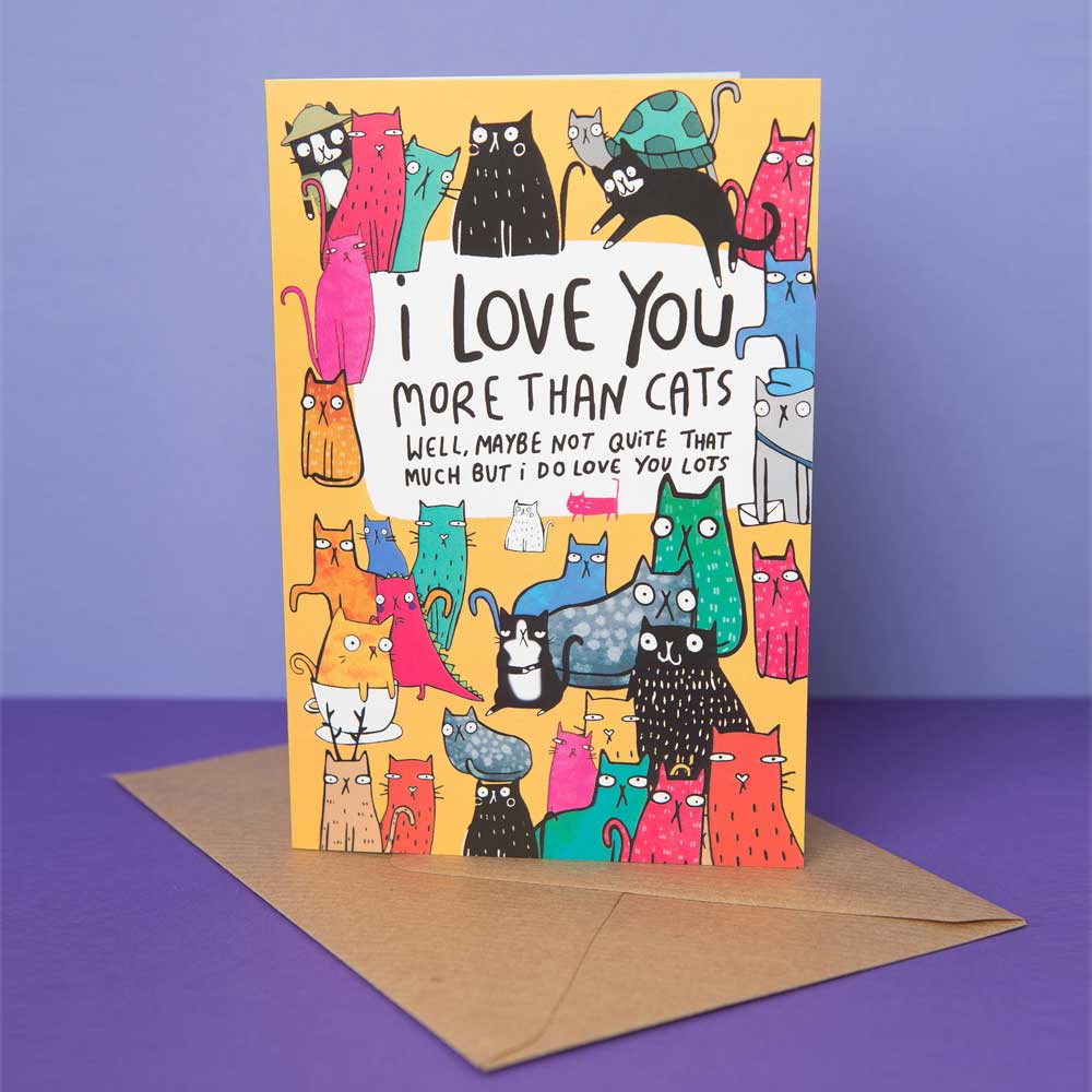 Katie Abey Design - I Love You More Than Cats Wenskaart - Multicolours/Wit